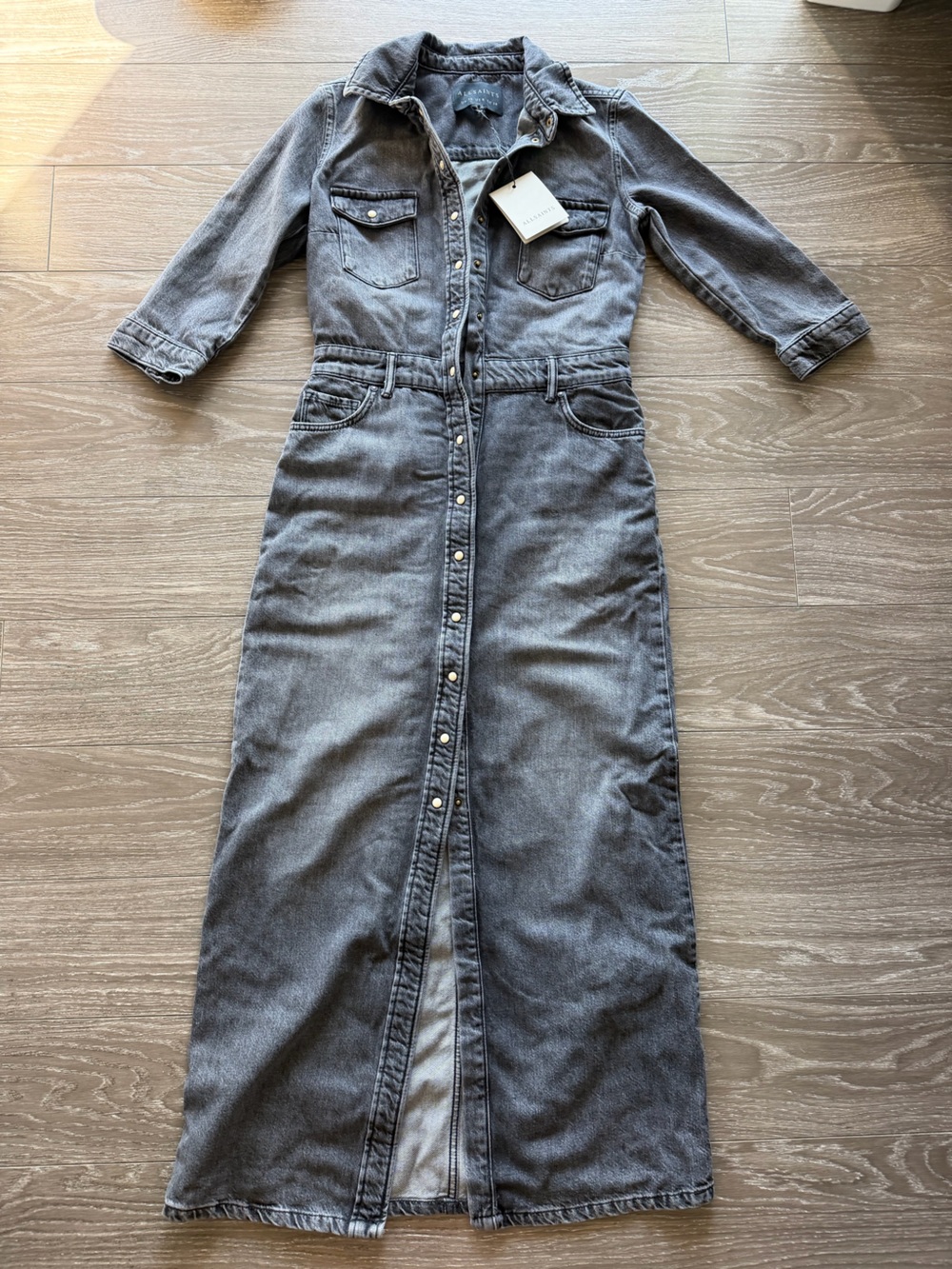 All Saints Grey Denim Maxi Shirt Dress